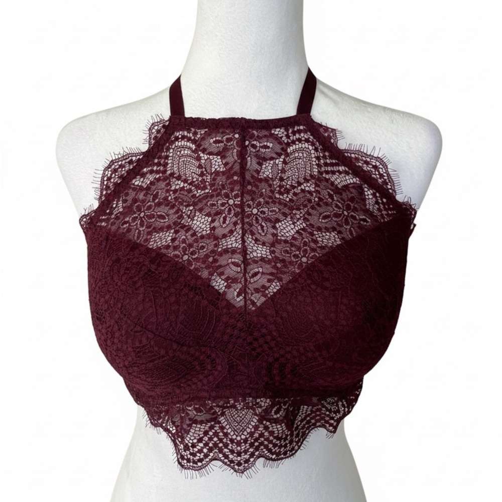PINK VICTORIA'S SECRET Sexy Lace Halter Bralette Wireless Bra Maroon Burgundy